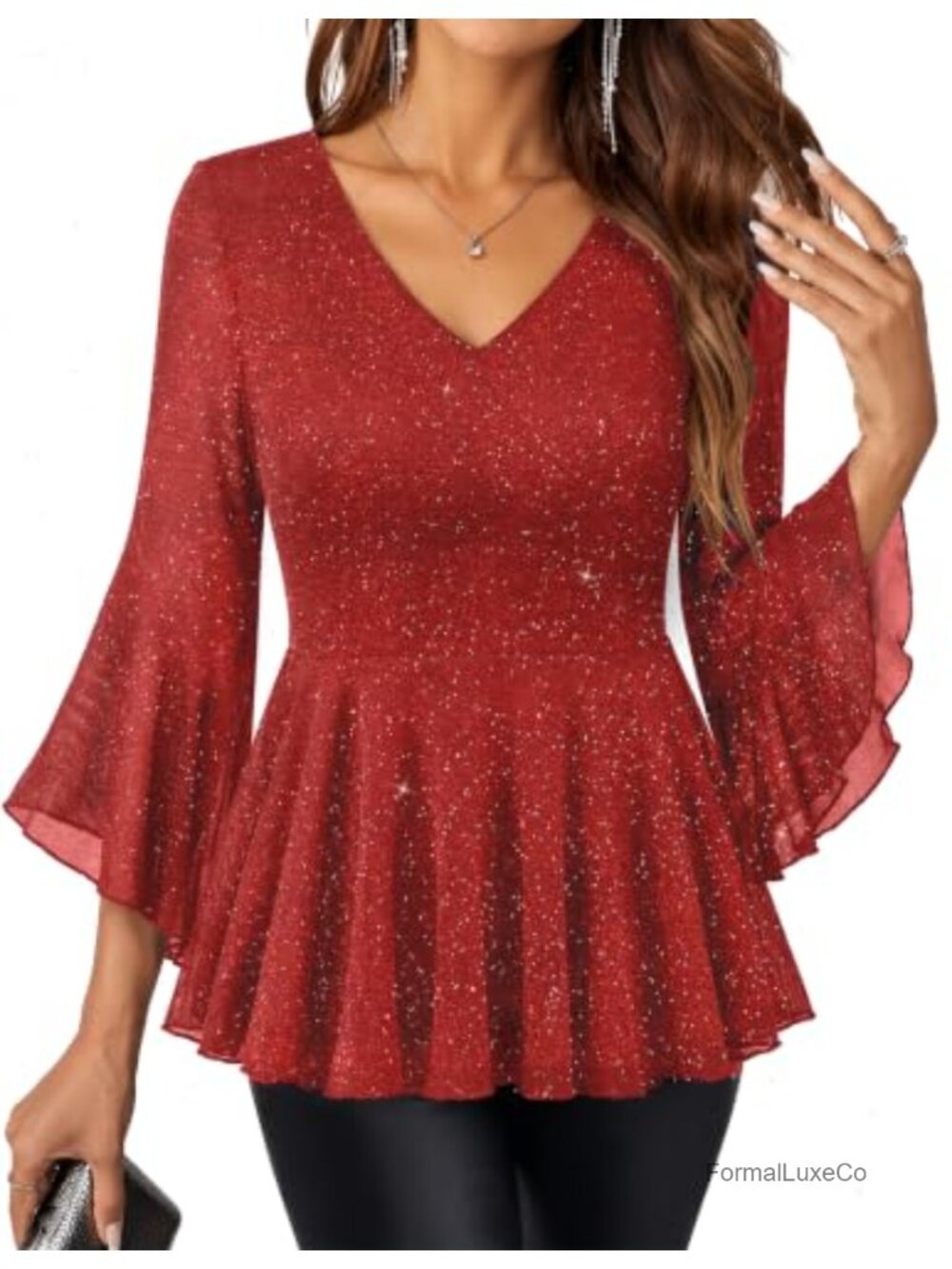 Sparkly Sequin Peplum Blouse 3/4 Bell Sleeve V-Neck Dressy Top